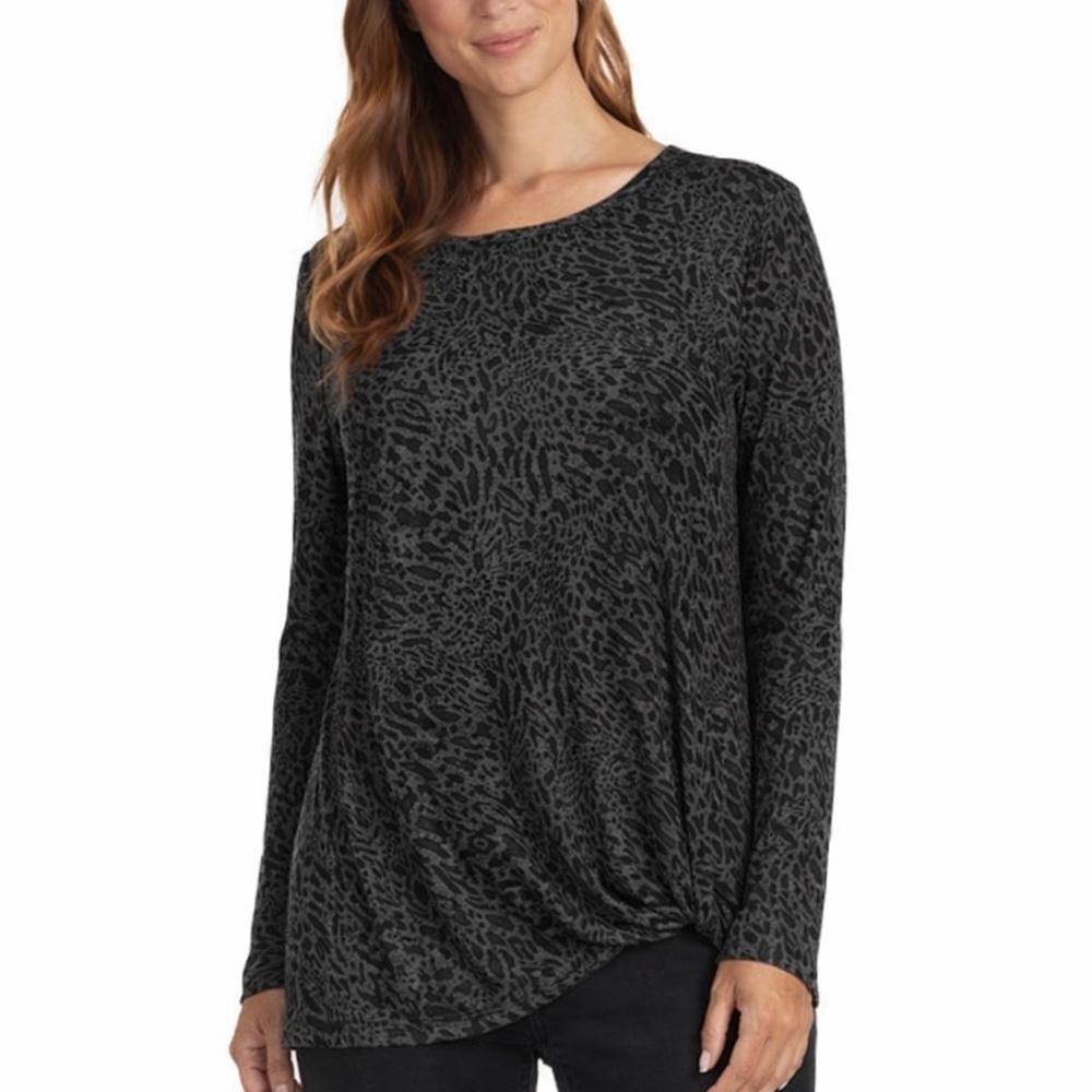 Max & Mia Twist Top Long Sleeve Side Women's Tunic Leopard Black/Gray Sz Small